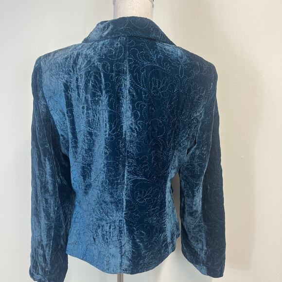 Bandolino Blazer Jacket Women's Size 12 Teal Velvet Floral Embroidered Boho - Picture 7 of 8